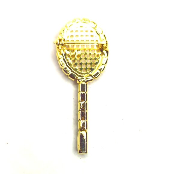 Vintage Gold-Tone Tennis Racket Brooch Pin With Rhinestones - Picture 3 of 4